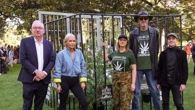 Victorian MP’s David Limbrick of the Libertarian Party, Georgie Purcell of the Animal Justice Party, Rachel Payne and David Ettershank of Legalise Cannabis Australia and Aiv Puglielli of The Greens. Picture: NCA NewsWire / Ian Currie