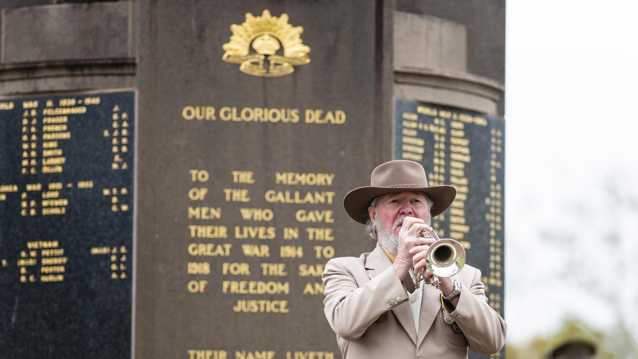 Edgar Kemp of the Harlaxton RSL Brass Band plays the Last Post during the Citizens Commemoration Service at the Mothers' Memorial on Anzac Day, Monday, April 25, 2022. Picture: Kevin Farmer