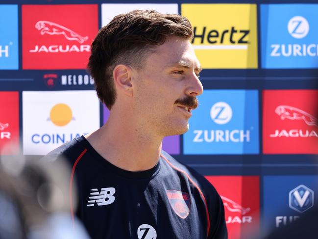 PERTH, AUSTRALIA - SEPTEMBER 21: Jake Lever addresses the media during a Melbourne Demons AFL training session at HBF Arena on September 21, 2021 in Perth, Australia. (Photo by Paul Kane/Getty Images)