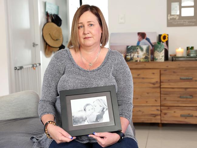 Mia Bannister at home with pictures of her late son Oliver Hughes, 14, Carseldine. Picture: Liam Kidston