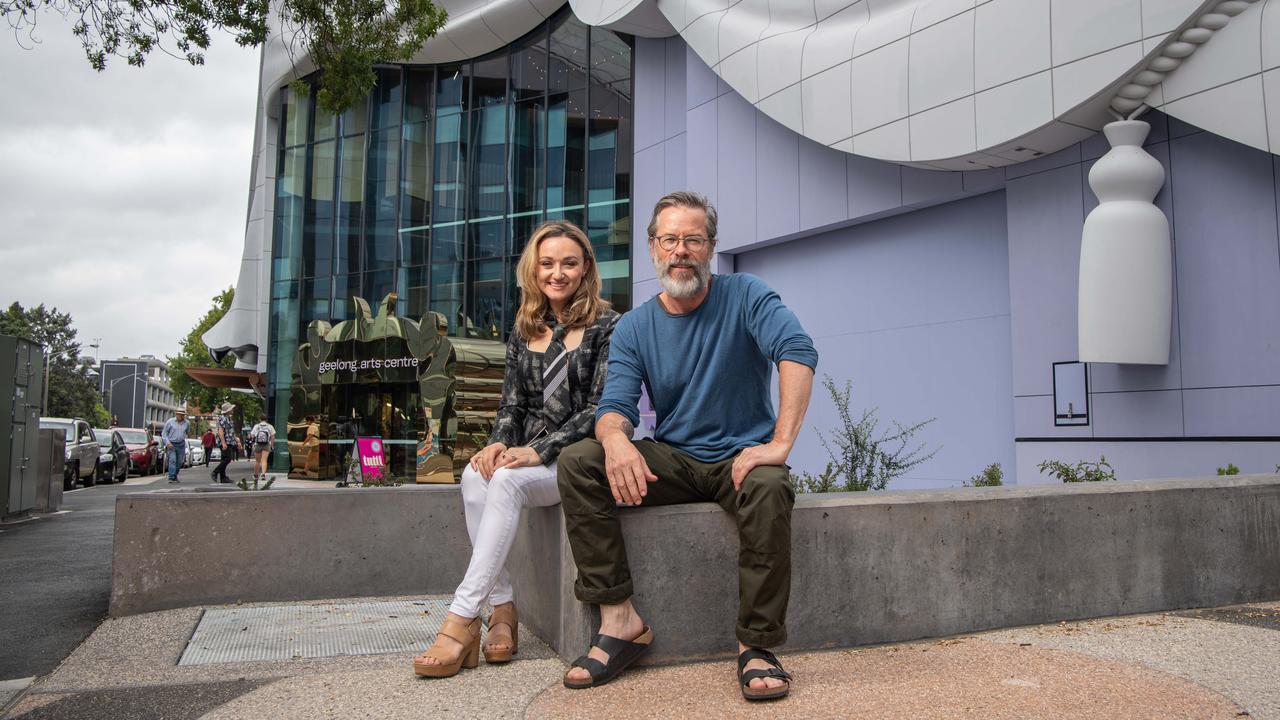 Sophia Katos and Guy Pearce back at the Geelong Arts Centre in November 2023. Both were in GSODA Junior Players. Picture: Brad Fleet