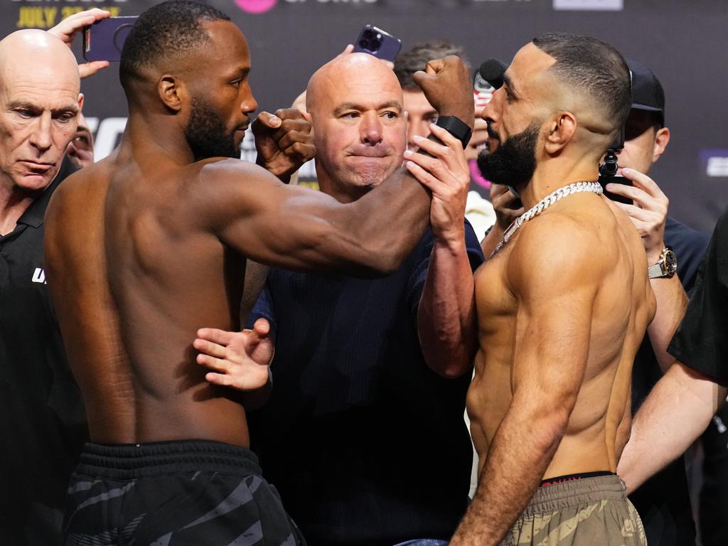 Leon Edwards (L) and Belal Muhammad (R) have weighed in and are ready to settle their long-simmering rivalry. Picture: Chris Unger/Zuffa LLC via Getty Images