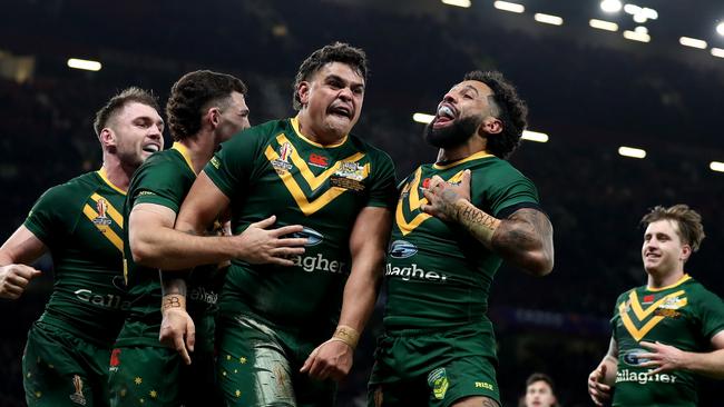 Latrell Mitchell of Australia celebrates with teammate Josh Addo-Carr