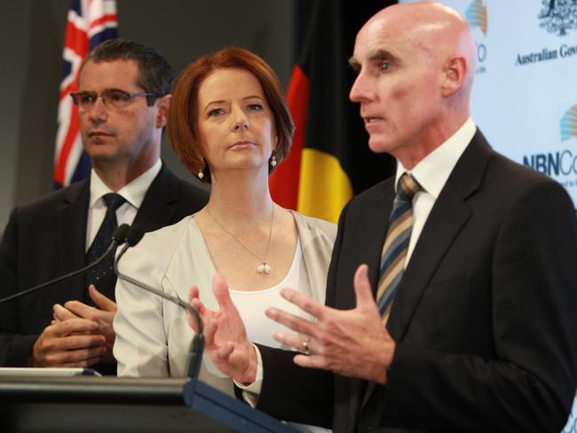 NBN rollout plans announcement attended by Prime Minister Julia Gillard, Senator Stephen Conroy, Anthony Albanese and Mike Quigley.