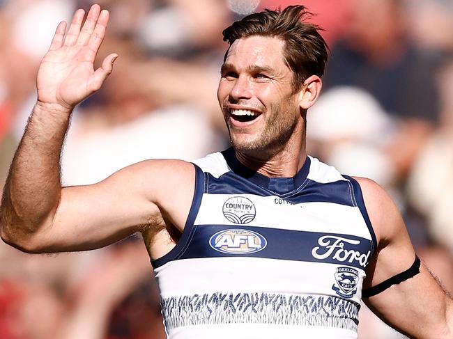 MELBOURNE, AUSTRALIA - APRIL 30: Tom Hawkins (left) and Jeremy Cameron of the Cats celebrate during the 2023 AFL Round 07 match between the Essendon Bombers and the Geelong Cats at the Melbourne Cricket Ground on April 30, 2023 in Melbourne, Australia. (Photo by Michael Willson/AFL Photos via Getty Images)