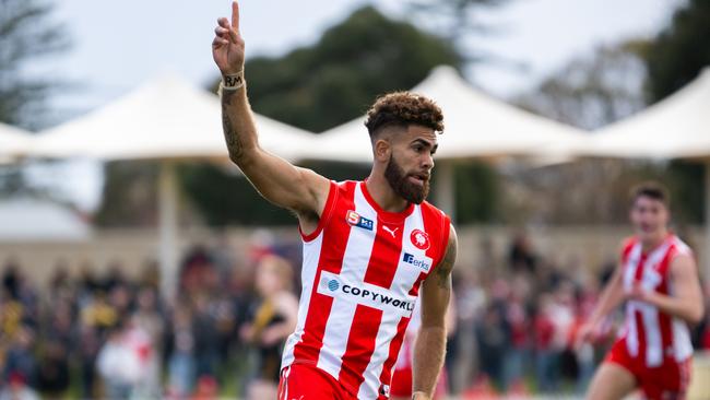 North Adelaide excitement machine Nigel Lockyer Jnr celebrates one of his four goals against Glenelg on Saturday. Picture: Morgan Sette