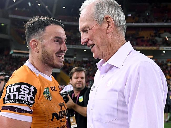 BRISBANE, AUSTRALIA - SEPTEMBER 02:  Coach Wayne Bennett of the Broncos embraces Darius Boyd after the round 25 NRL match between the Brisbane Broncos and the Manly Sea Eagles at Suncorp Stadium on September 2, 2018 in Brisbane, Australia.  (Photo by Bradley Kanaris/Getty Images)