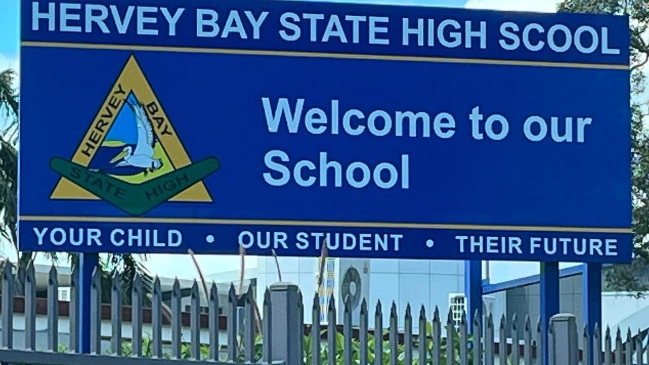 The 'Hervey Bay State High Scool' sign has since been replaced.