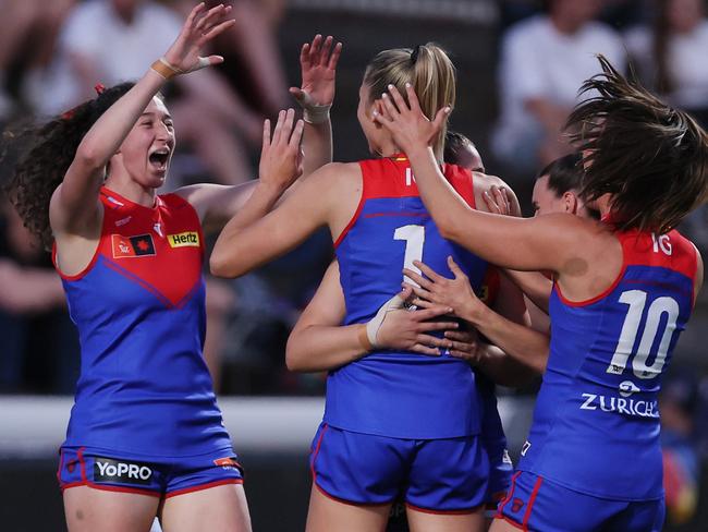 ADELAIDE, AUSTRALIA - OCTOBER 09: Georgia Campbell of the Demons celebrates a goal during the 2024 AFLW Round 07 match between the Adelaide Crows and the Melbourne Demons at Norwood Oval on October 09, 2024 in Adelaide, Australia. (Photo by James Elsby/AFL Photos via Getty Images)