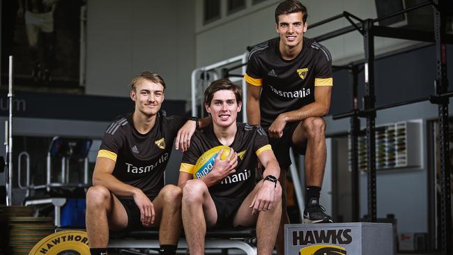 Hawthorn’s Josh Morris, Will Day and Finn Maginness in December. Picture: Martin Keep/Getty Images