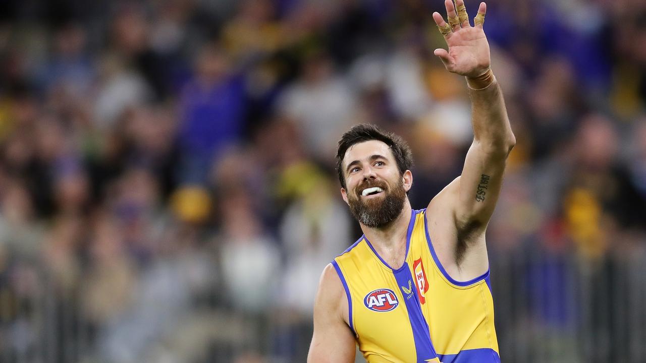 Kennedy acknowledges the crowd after kicking his 700th goal. Picture: Will Russell/AFL Photos via Getty Images