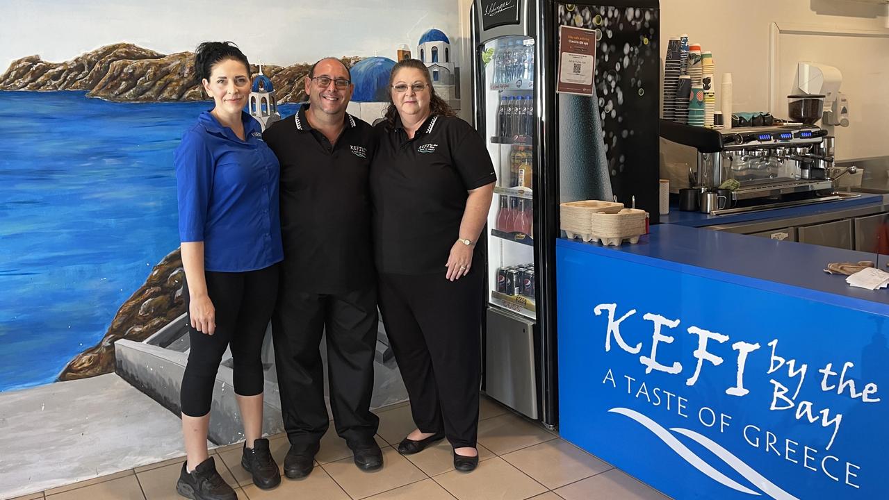 (From left) Kefi by the Bay team member Jacynta Muller with cafe owners Paris and Michelle Petrou. PHOTO: Tim Wessling