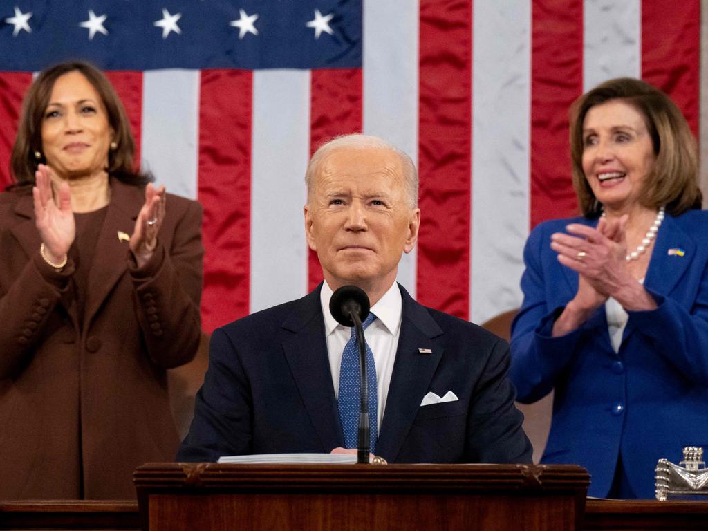 US Vice President Kamala Harris (L) and US House Speaker Nancy Pelosi (D-CA) applaud US President Joe Biden as he delivers his first State of the Union address at the US Capitol. Picture: AFP