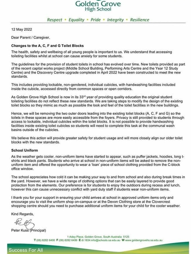 The letter sent by Golden Grove High School principal Peter Kuss. Picture: Supplied