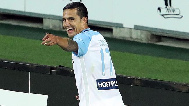 Tim Cahill celebrates after scoring a goal during the FFA Cup Quarter Final between Melbourne City and Western Sydney at AAMI Park. (Photo by Robert Cianflone/Getty Images)