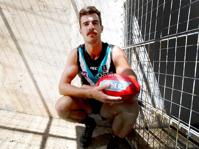 AFL Port Adelaide Football Club player Scott Lycett poses for a portrait during a media opp at Alberton Oval in Adelaide, Wednesday, February 19, 2020. (AAP Image/Kelly Barnes) NO ARCHIVING