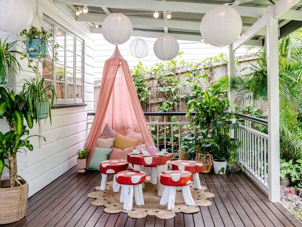 The backyard features a toadstool table and chairs. Picture: Hannah Puechmarin