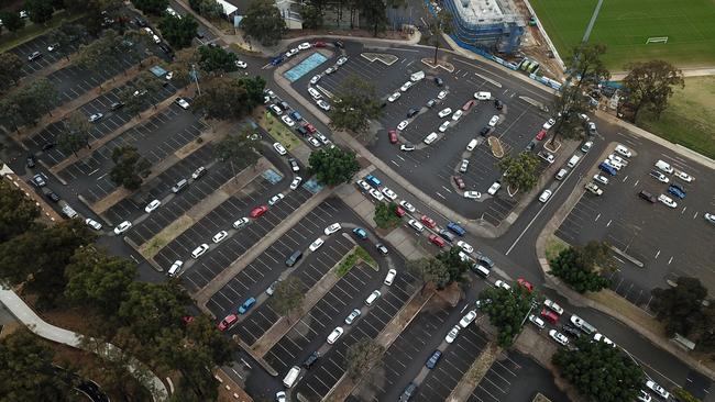 The Fairfield Showground drive-through Covid testing clinic had massive queues for all of Wednesday. Picture: Jonathan Ng