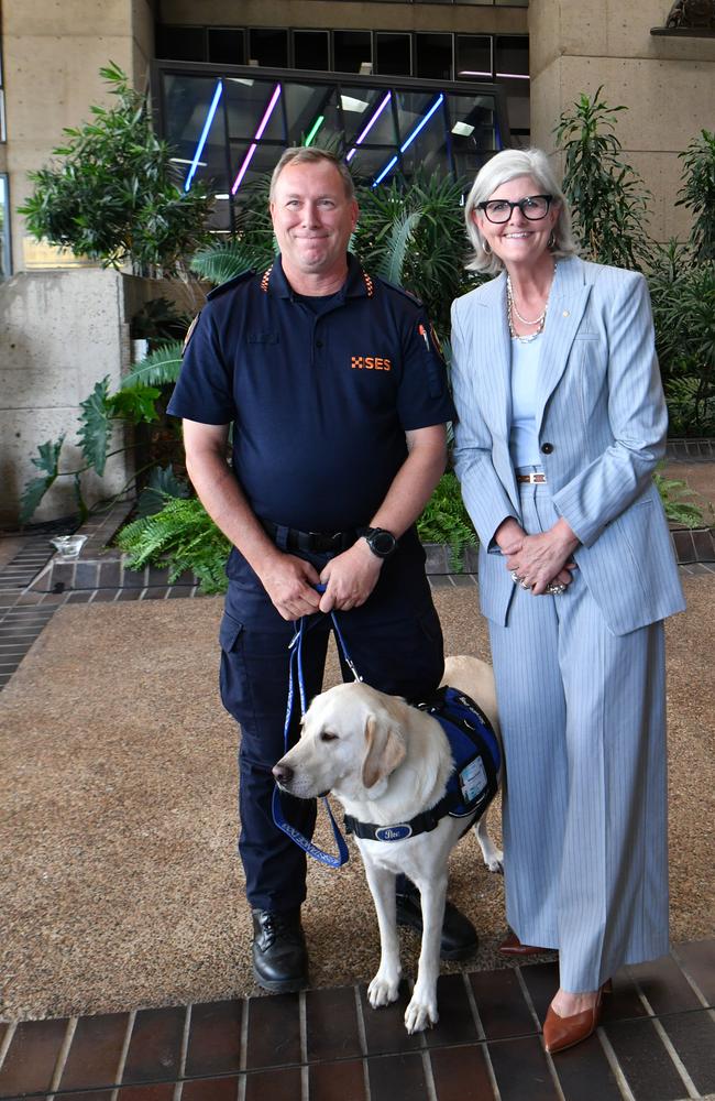 SES volunteer Les Parker with Ikey with the Governor-General of the Commonwealth of Australia Her Excellency the Honourable Ms Sam Mostyn AC. Picture: Evan Morgan