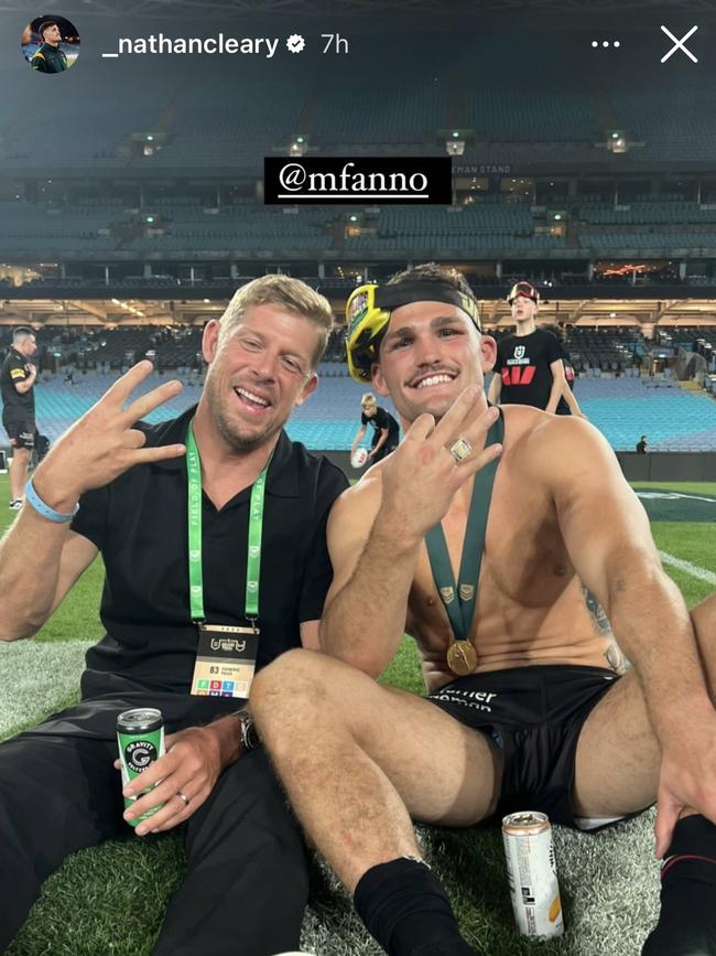 Mick Fanning and Nathan Clearly with the Gravity Seltzer after the NRL grand final in 2023