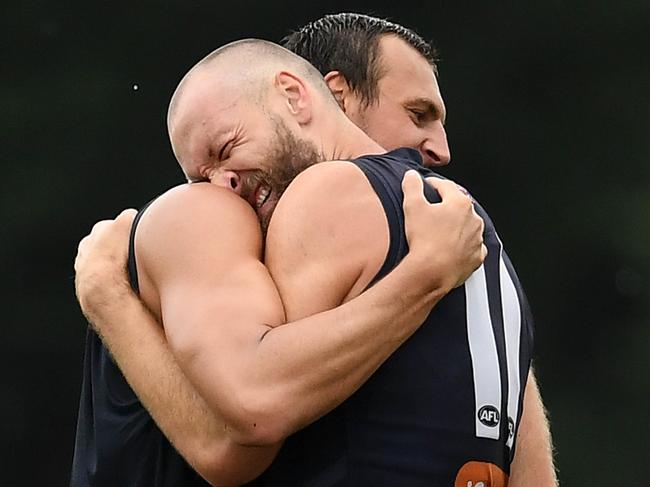 MELBOURNE, AUSTRALIA - DECEMBER 14: Max Gawn and Braydon Preuss of the Demons practise tackling during a Melbourne Demons AFL training session at Gosch's Paddock on December 14, 2018 in Melbourne, Australia. (Photo by Quinn Rooney/Getty Images)