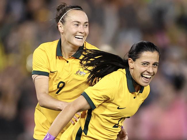 NEWCASTLE, AUSTRALIA - FEBRUARY 22: Alex Chidiac of the Matildas celebrates a goal with Caitlin Foord during the Cup of Nations match between the Australia Matildas and Jamaica at McDonald Jones Stadium on February 22, 2023 in Newcastle, Australia. (Photo by Cameron Spencer/Getty Images)