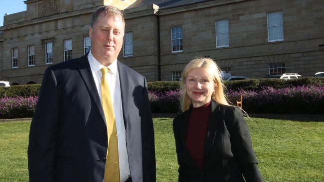 Tasmanian independent MPs John Tucker and Lara Alexander outside Parliament House in Hobart. Picture: Matthew Denholm