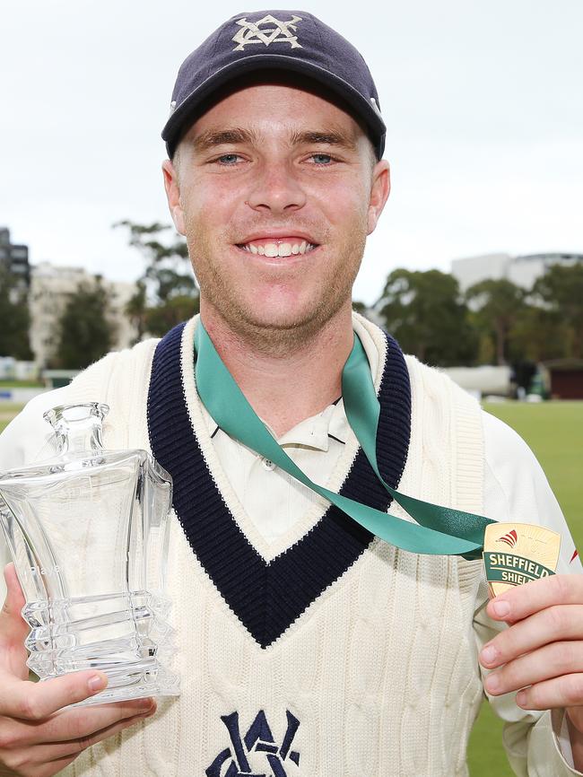 Marcus Harris with his best player award after Victoria claimed this season’s Sheffield Shield against New South Wales at Junction Oval last month. Picture: Michael Dodge/Getty Images)