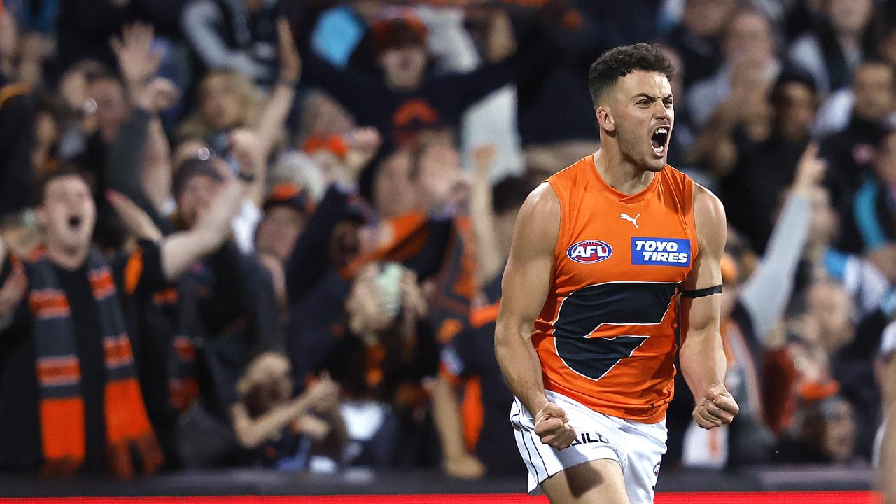 Jake Riccardi celebrates a final term goal against the Power. Picture: Phil Hillyard