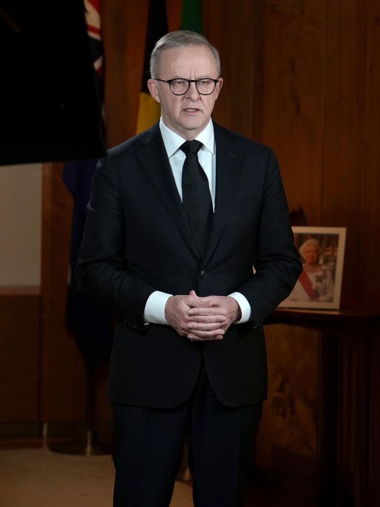 Prime Minister Anthony Albanese addressing the country at Parliament House in Canberra on September 9, 2022, after the passing of Britain's Queen Elizabeth II. Picture: Handout/Department of Prime Minister and Cabinet/AFP