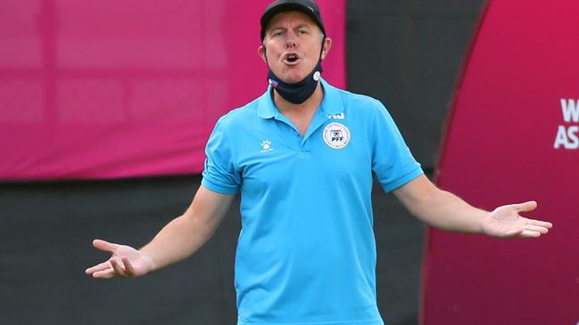 MUMBAI, INDIA - JANUARY 24: Head coach Alen Stajcic of the Philippines reacts during the AFC Women's Asian Cup Group B match between Philippines and Australia at Mumbai Football Arena on January 24, 2022 in Mumbai, India. (Photo by Thananuwat Srirasant/Getty Images)