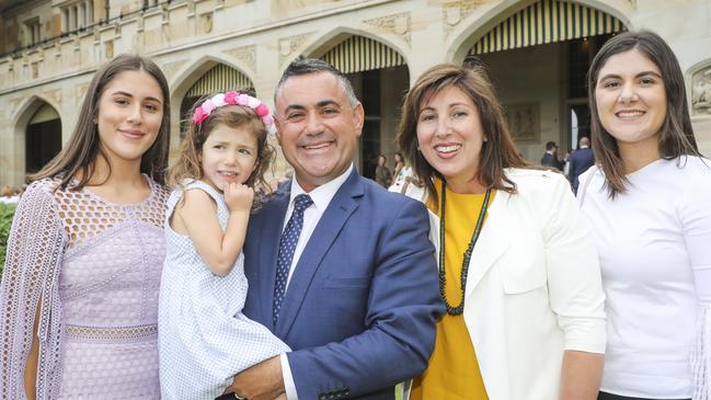 John Barilaro being sworn in as deputy premier in 2019, with wife Deeana and daughters Domenica, Sofia and Alessia. Picture: Salty Dingo