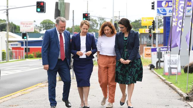 MPs Jim Madden, Di Farmer, Jennifer Howard and Charis Mullen on Brisbane Street in West Ipswich.