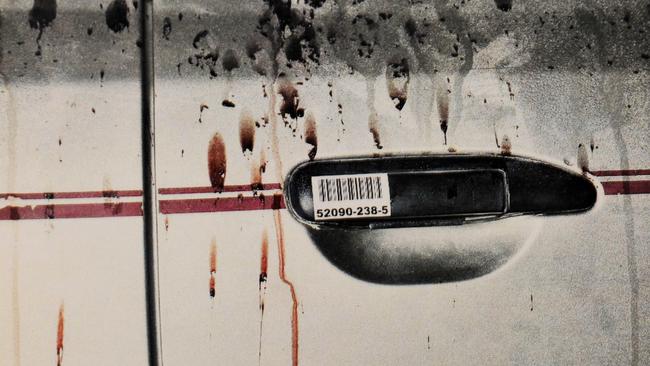 An evidence picture from the Salt Creek trial of blood on the man’s car door. Picture: Supreme Court