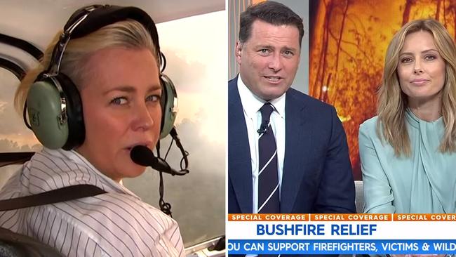 Sunrise's Samantha Armytage (left) surveys the bushfires from a helicopter while Karl Stefanovic and Allison Langdon report from the studio for Today. Pictures: Supplied