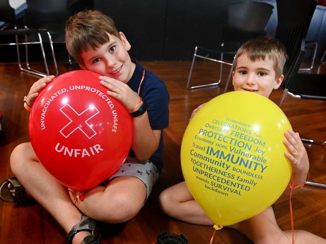 Max Ryan 9yrs and his brother Lincoln 6yrs after they had their Covid-19 vaccine this morning NT children aged 5-11 can now get their vaccinations. NT Health will facilitate Picture Julianne Osborne