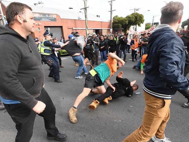 Protesters clash outside the show at the Melbourne Pavilion. Picture: AAP