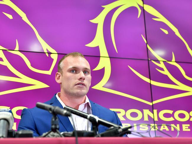 Brisbane Broncos player Matt Lodge is seen during a press conference at the Clive Berghofer Centre in Brisbane. Picture: AAP