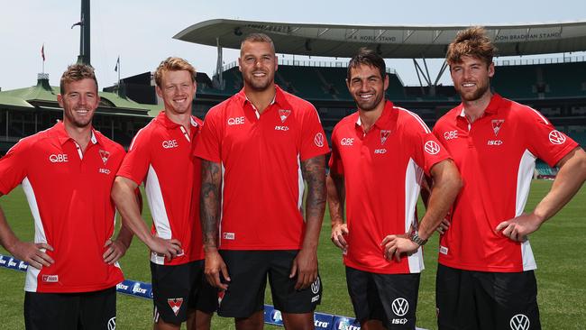 Luke Parker, Callum Mills, Lance Franklin, Josh Kennedy and Dane Rampe will form Sydney’s leadership group. Picture: Brett Costello