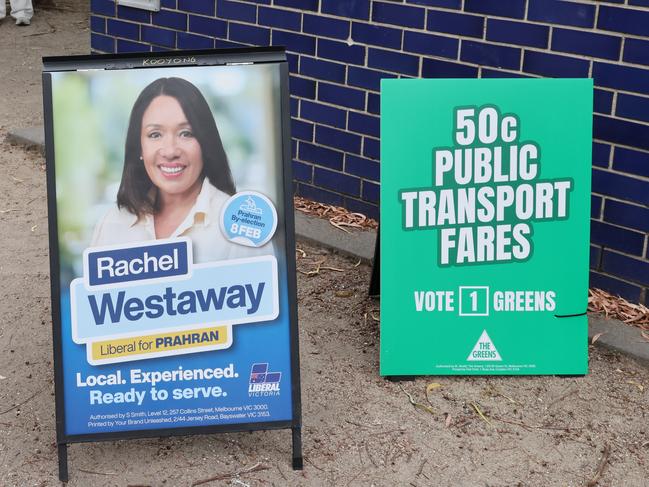 A sign for Liberals candidate Rachel Westaway and the Greens. Picture: David Crosling