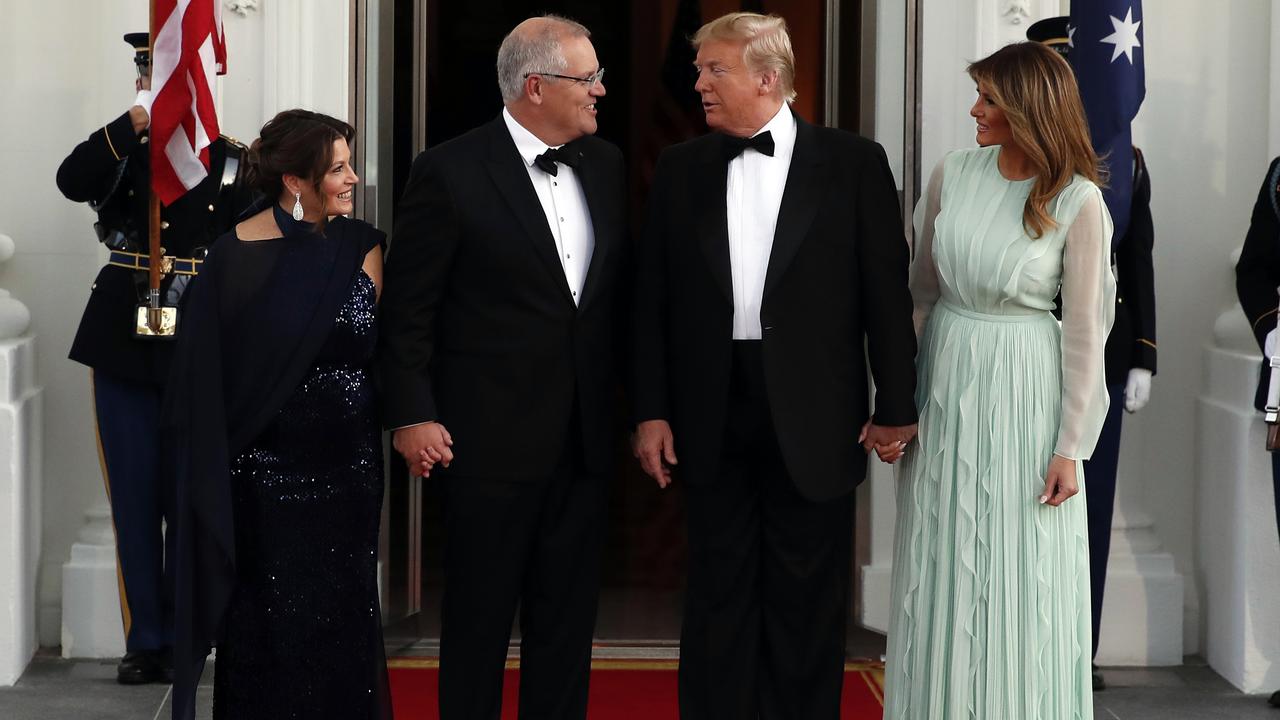 Here they all are as ScoMo and Jennifer arrive just before entering the White House for the Australian-themed State Dinner. Picture: AP Photo/Alex Brandon.