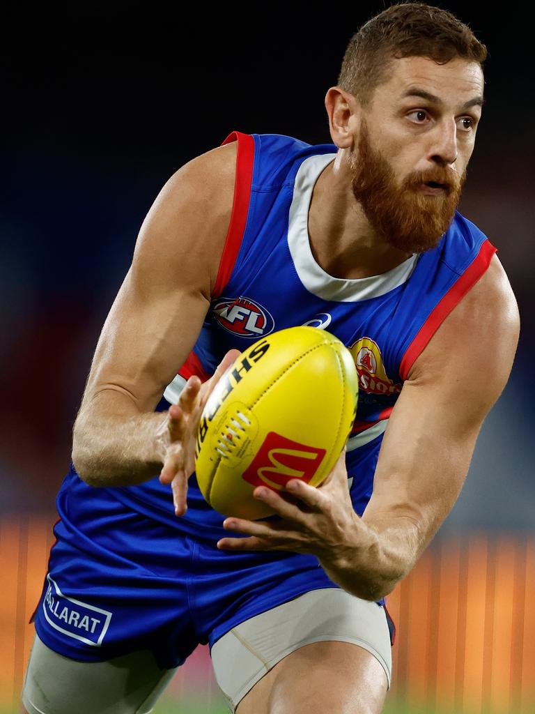 Liam Jones with ball in hand on Friday night. Picture: Michael Willson/AFL Photos via Getty Images.