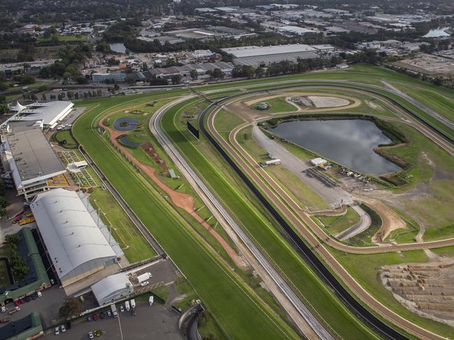 SYDNEY, AUSTRALIA - NOVEMBER 13: Aerial view of Rosehill Racecourse on November 13, 2017 in Sydney, Australia. (Photo by Steve Christo/Corbis via Getty Images)