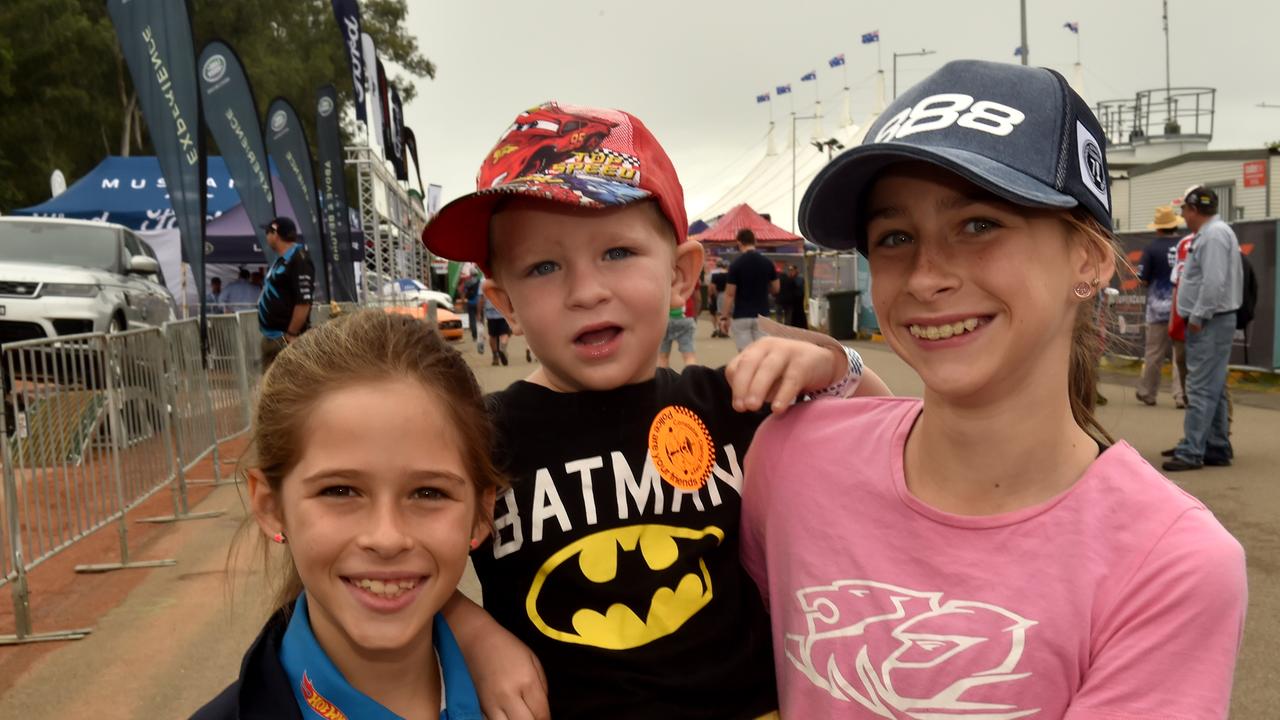 Watpac Townsville 400 Day One. Socials. Bridee, 9, Harrison, 2, and georgia Mitchell, 12, from Marybourgh. Picture: Evan Morgan