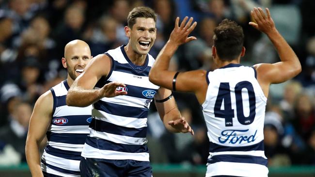 No wonder Tom Hawkins is smiling — the Cats are on top of the ladder! Picture: AFL Photos