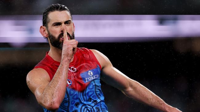 ADELAIDE, AUSTRALIA - MAY 19: Brodie Grundy of the Demons celebrates a goal during the 2023 AFL Round 10 match between Yartapuulti/Port Adelaide Power and Narrm/Melbourne Demons at Adelaide Oval on May 19, 2023 in Adelaide, Australia. (Photo by James Elsby/AFL Photos via Getty Images)