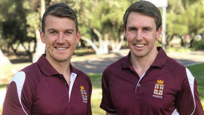 New Prince Alfred Old Collegians playing coach Craig Pitt (right) with former Melbourne and Port Adelaide player Jack Trengove (left), who will be Pitt's assistant next season. Picture: Prince Alfred Old Collegians Football Club