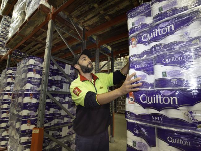 Pallets stocked with toilet paper ready for loading to hit the roads. Picture: Tony Gough