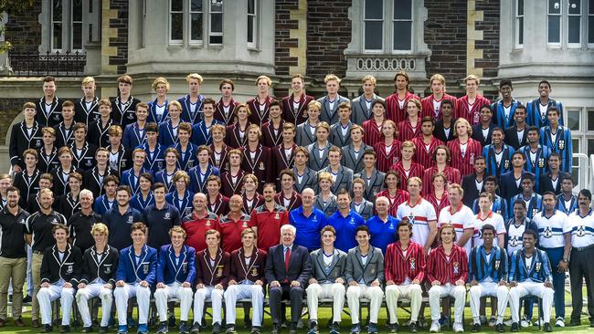 Students and staff from Prince Alfred College, St Peter’s College (Adelaide), St Thomas’ College (Sri Lanka), Anglican Church Grammar School (Brisbane) Newington College (Sydney) and Scotch College (Melbourne) at PAC for the Chappell Brothers Challenge Trophy. Picture: AAP/Roy Vandervegt