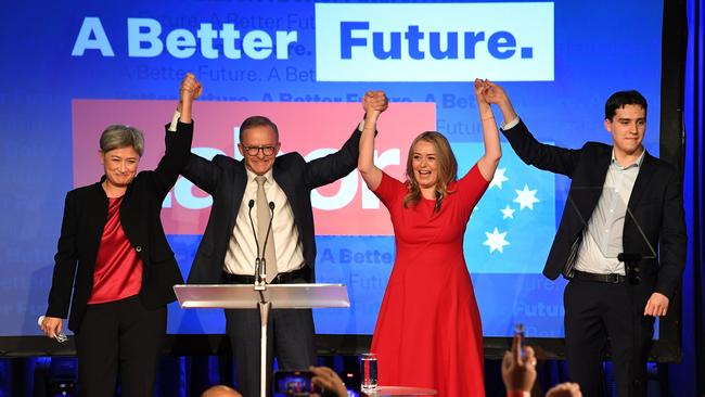 Penny Wong, Anthony Albanese, his partner Jodie Haydon and his son Nathan Albanese on election night. Picture: Getty Images